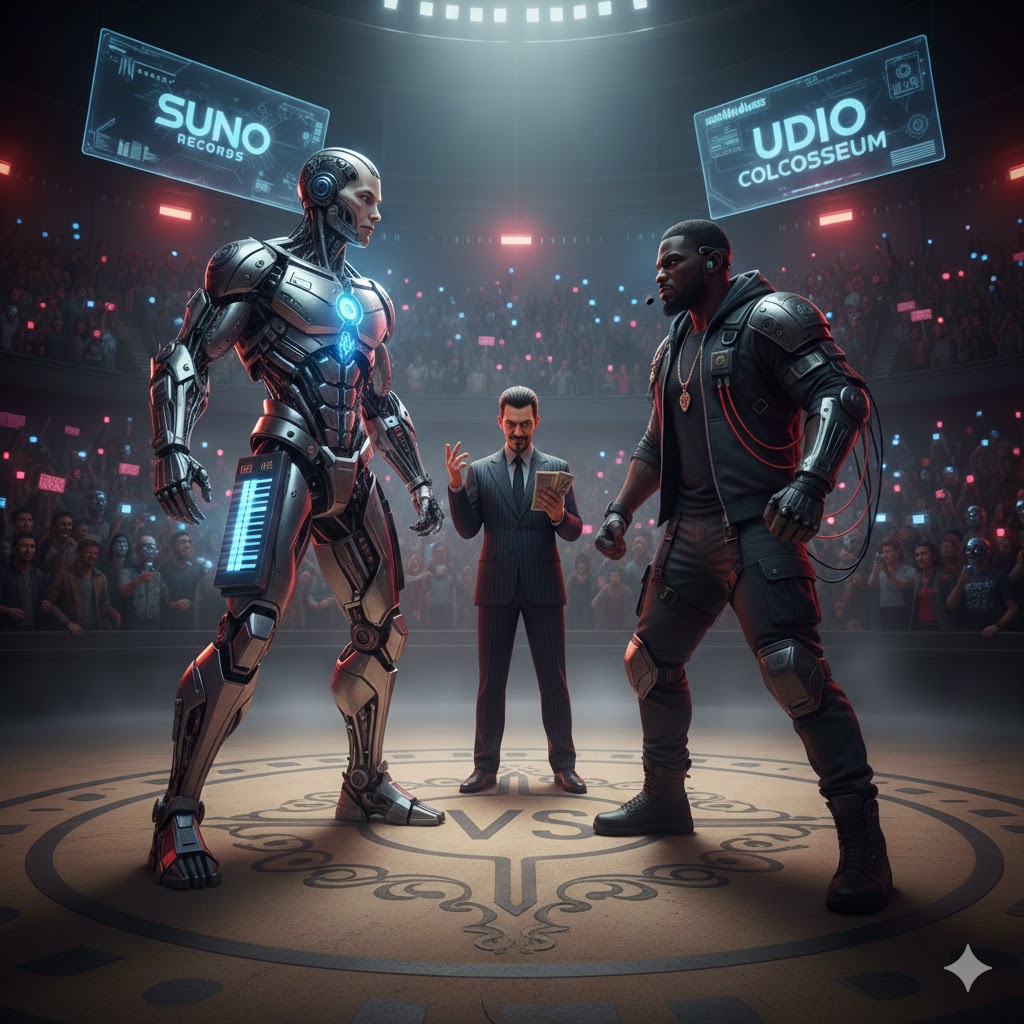 A high-tech cyborg musician facing off against a human rapper in a futuristic arena with a music executive watching.